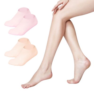 2 Pair Silicone Foot Socks to Repair Cracked Heels & Dry Skin, Moisturizing Socks for Rough Feet, Anti-Slip Spa Socks for Women Overnight (Pink/Orange)