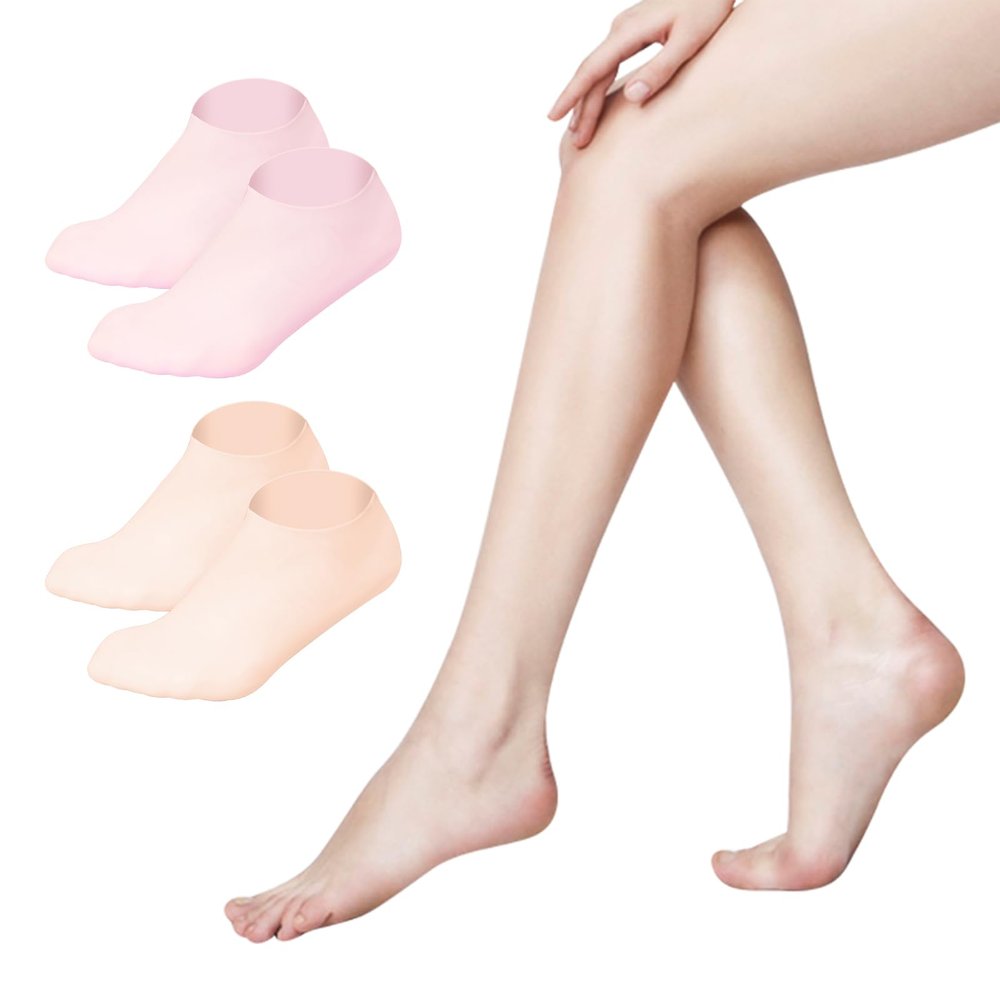 2 Pair Silicone Foot Socks to Repair Cracked Heels & Dry Skin, Moisturizing Socks for Rough Feet, Anti-Slip Spa Socks for Women Overnight (Pink/Orange)