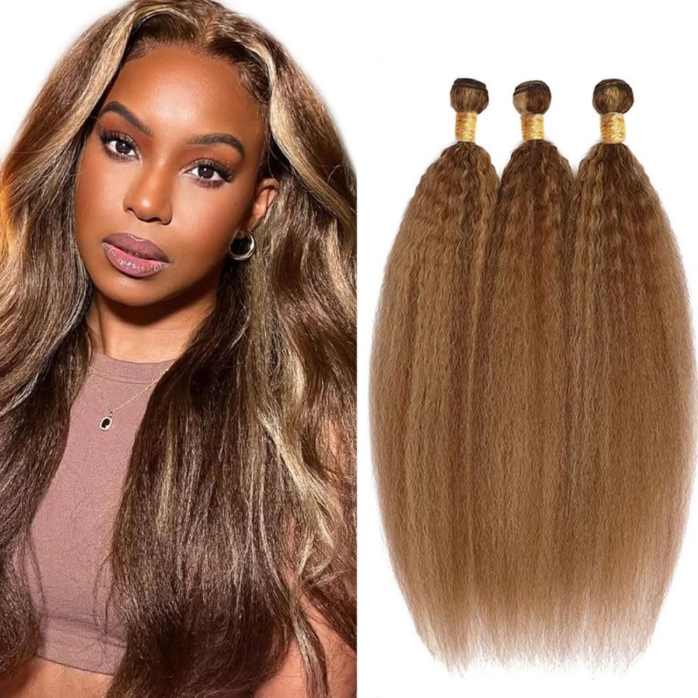 ZevPiul P427 Highlight Blonde Bundles Human Hair Brown Kinky Straight 3 Bundles 26 26 26 Inch Unprocessed Brazilian Virgin Remy Honey Blonde Bundle Human Hair Extensions