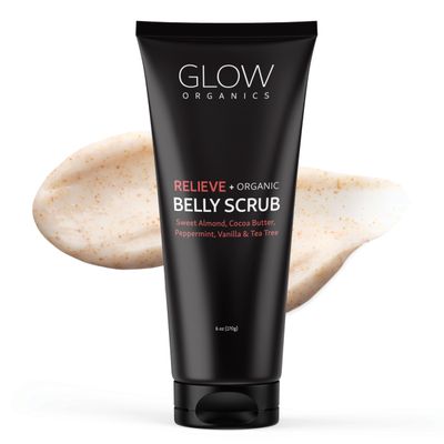 Glow Organics Exfoliating Belly Scrub, 6 oz, Moisturizing Body Exfoliant with Sweet Almond Oil and Cocoa Butter, Organic, Sugar Scrub, Natural Vegan Skin Care