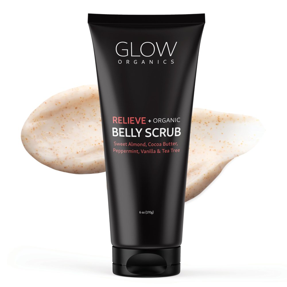 Glow Organics Exfoliating Belly Scrub, 6 oz, Moisturizing Body Exfoliant with Sweet Almond Oil and Cocoa Butter, Organic, Sugar Scrub, Natural Vegan Skin Care