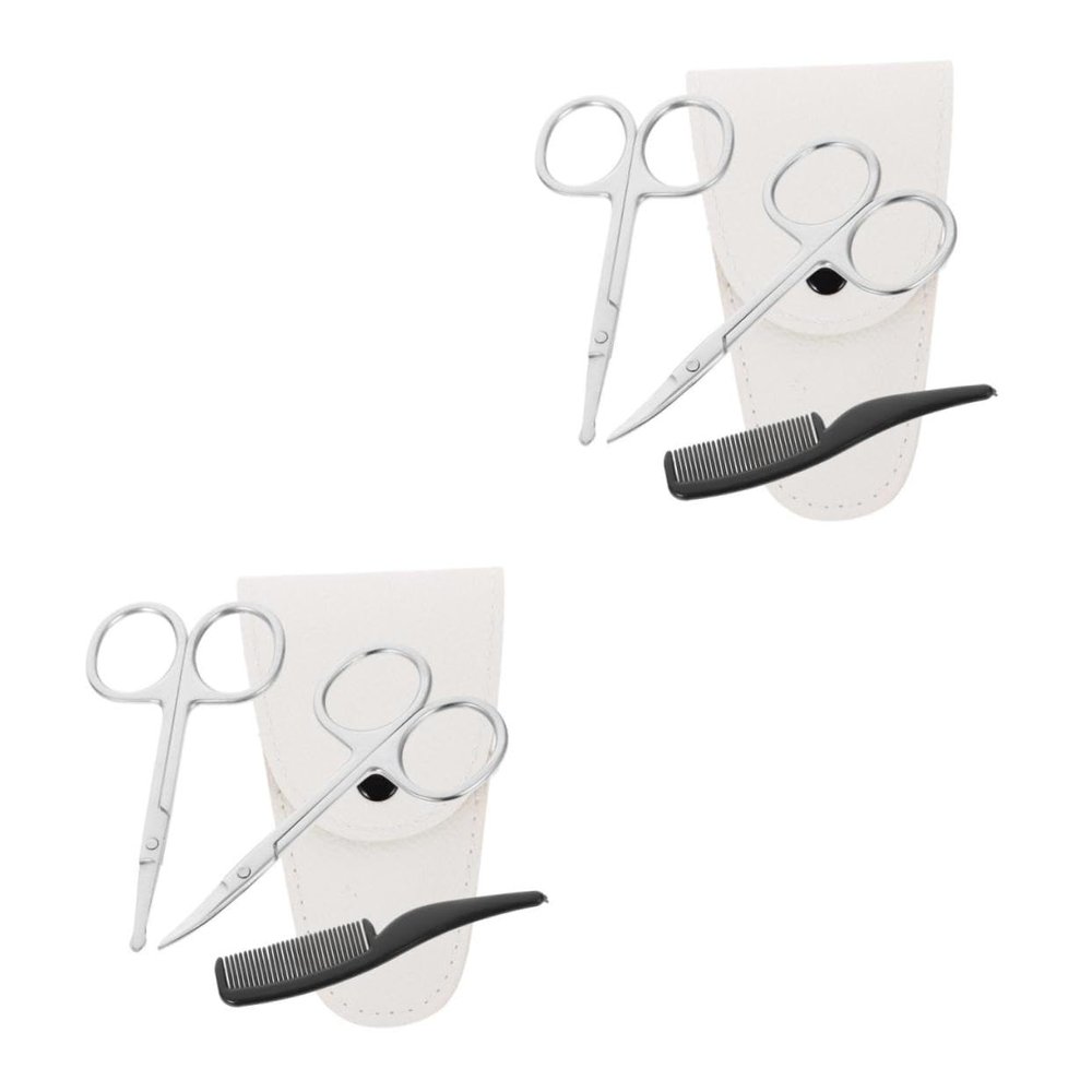 CALLARON 8pcs Precision Beard and Nose Hair Trimming Scissors Set Stainless Steel Grooming Kit Pointed and Round Scissors White Leather Case and Small Comb for Men