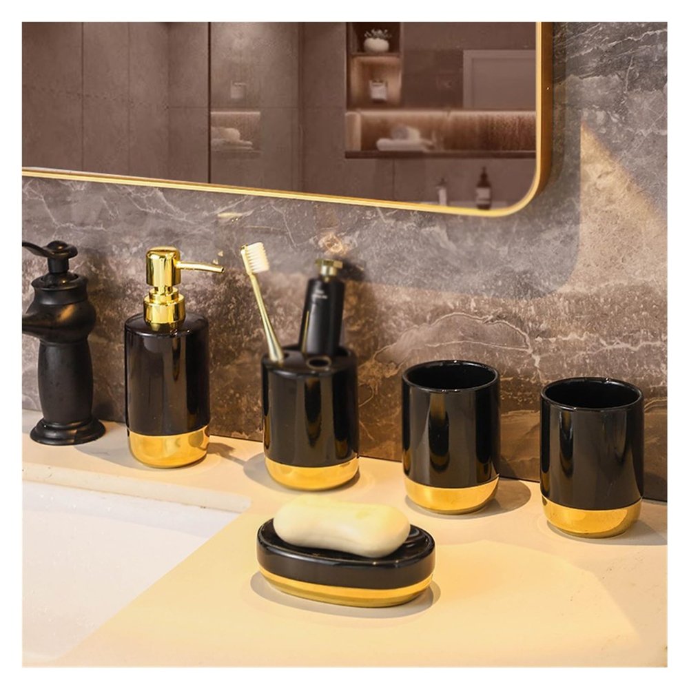 DUYHBAWRS Bathroom Toiletries Set Ceramic Toiletries 6-Piece Home Bathroom Toiletries Set(Black)