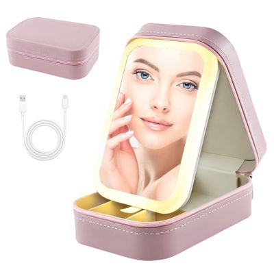 Jaxbo Travel Makeup Bag with LED Lighted Mirror, Cosmetic Train Case with 3 Color Setting, Makeup Train Case with Dividers for Women Jewelry Accessories