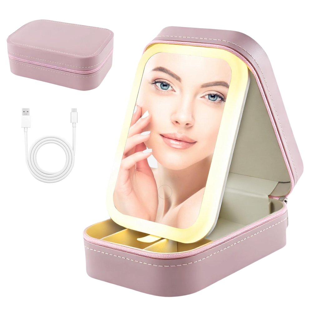 Jaxbo Travel Makeup Bag with LED Lighted Mirror, Cosmetic Train Case with 3 Color Setting, Makeup Train Case with Dividers for Women Jewelry Accessories