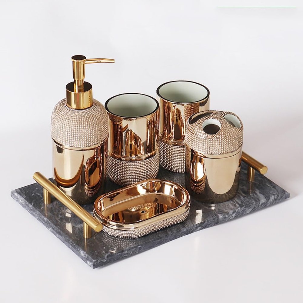 DUYHBAWRS Ceramic Wash Set Bathroom 6 Piece Set Soap Dispenser Gargle Cup Toothbrush Holder Wedding Gifts(E)