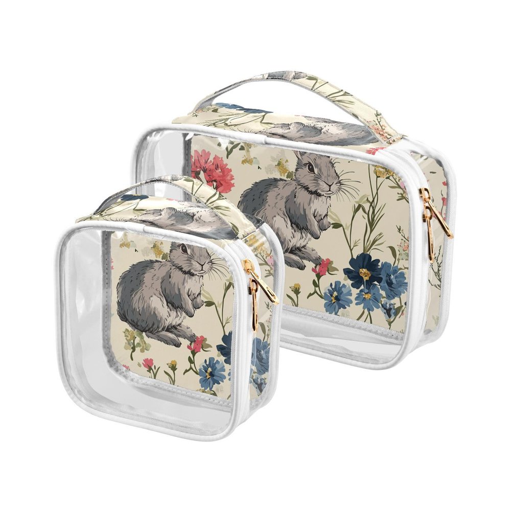 sanluoli 2 Pack clear Rabbits and Flowers Watercolor hanging toiletry bag TSA approved transparent makeup bag travel Airport Airline Compliant