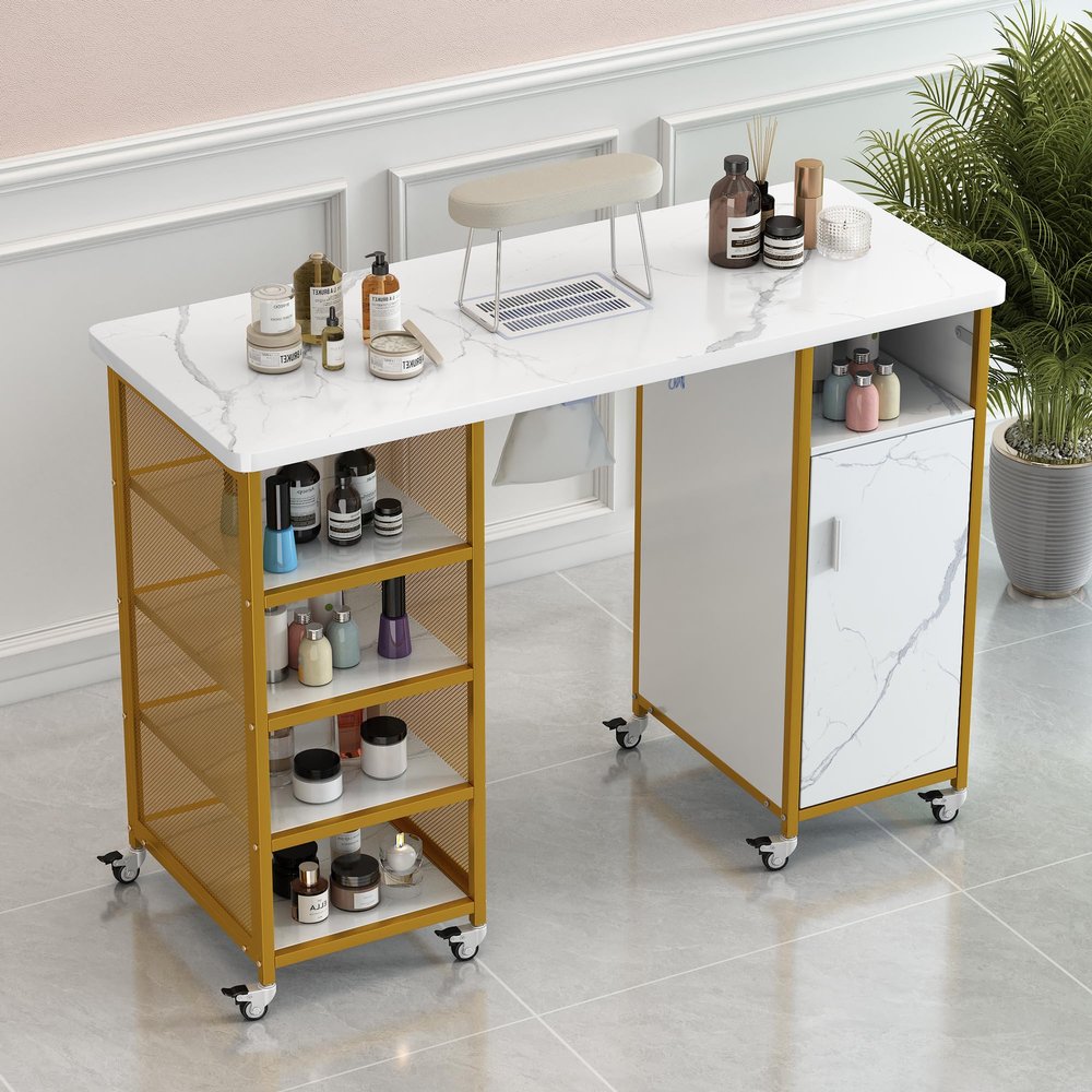Nail Desk Compatible with Nail Tech, Nail Table Beauty Work Station Tech Station w/Electric Downdraft Vent,Lockable Wheels,Wrist Cushion,7 Storage Shelves & Drawers Compatible with Home Spa Beauty, d