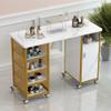 Nail Desk Compatible with Nail Tech, Nail Table Beauty Work Station Tech Station w/Electric Downdraft Vent,Lockable Wheels,Wrist Cushion,7 Storage Shelves & Drawers Compatible with Home Spa Beauty, d view 1