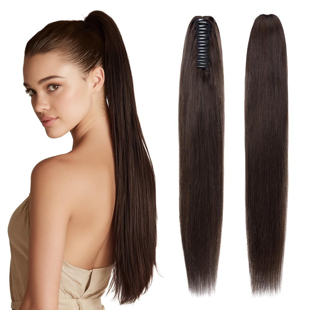 SEGOHAIR Human Hair Claw Clip Ponytail Extension 100% Real Human Hair Clip-In Extensions for Women Long Straight Pony Tails 14 Inches 105g #02 Dark Brown