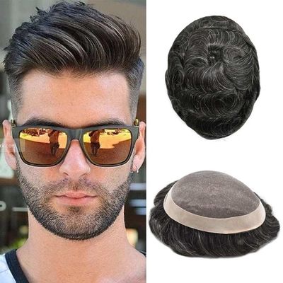 Toupee for Men Hair System Replacement Monofilament Mens Toupee Hairpieces Durable Poly Coated NPU Around Hair Piece For Men6*8-Medium light density#1B05 Off Black + 05% Gray