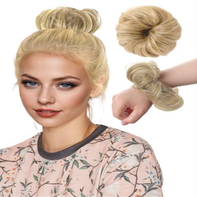Ausing Women Messy Bun Natural Curl Wavy Hair Buns Wig Bun with Elastic Rubber Band Scrunchies Ponytail Extension Hairpiece for Girls Ash Blonde