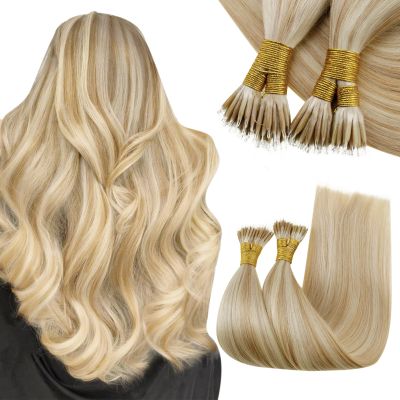 RUNATURE Nano Ring Hair Extensions Human Hair Blonde Highlight Honey Blonde Nano Beads Hair Extensions Human Hair 20 Inch 50 Gram