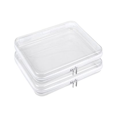 2 Pcs Clear Hard Shell Zipper Case, Portable Clear Zipper Pouches Hard Shell, Waterproof Plastic Transparent Storage Box Set with Double Zips for Cosmetic Stationery Snack Toy Storage Organizer Bins
