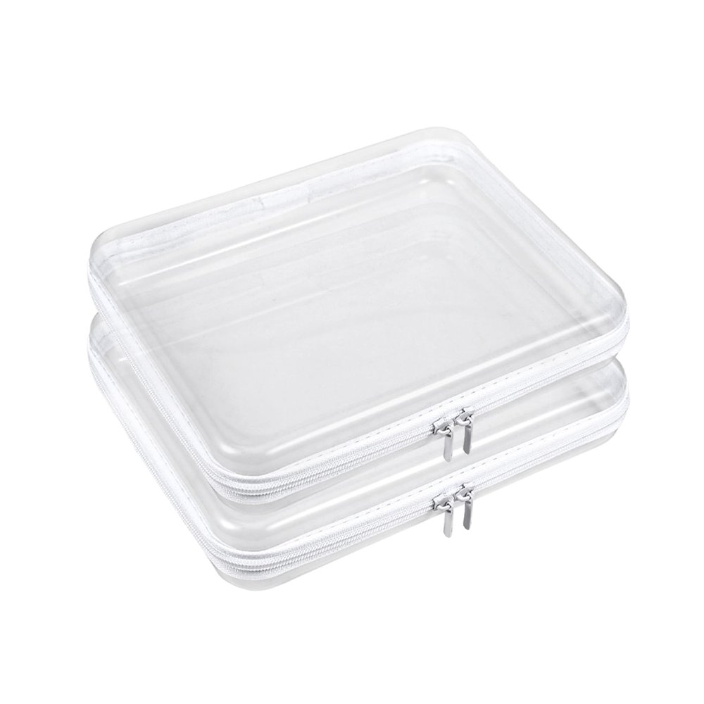 2 Pcs Clear Hard Shell Zipper Case, Portable Clear Zipper Pouches Hard Shell, Waterproof Plastic Transparent Storage Box Set with Double Zips for Cosmetic Stationery Snack Toy Storage Organizer Bins