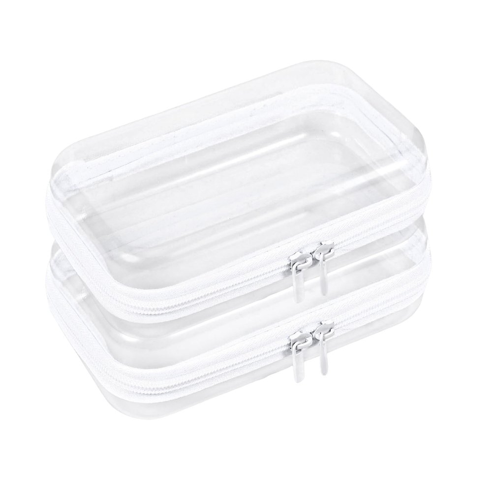 2 Pcs Clear Hard Shell Zipper Case, Portable Clear Zipper Pouches Hard Shell, Waterproof Plastic Transparent Storage Box Set with Double Zips for Cosmetic Stationery Toy Snack Storage