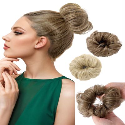 Ausing 2PCS Messy Bun for Women Natural Curl Wavy Hair Buns Fluffy Synthetic Donut Extension Wig Bun Hairpiece with Elastic Rubber Band Light Brown and Ash Blonde