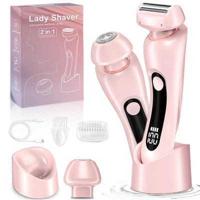 NaTuGi 2 in 1 Electric Shaver for Women Wet Dry Dual Use IPX7 Waterproof with LED Display USB Recharge Dock Dry Use Body Hair Trimmer and Facial Hair Remover for Bikini Underarm Leg Arm Face (Pink)