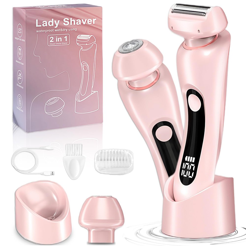 NaTuGi 2 in 1 Electric Shaver for Women Wet Dry Dual Use IPX7 Waterproof with LED Display USB Recharge Dock Dry Use Body Hair Trimmer and Facial Hair Remover for Bikini Underarm Leg Arm Face (Pink)