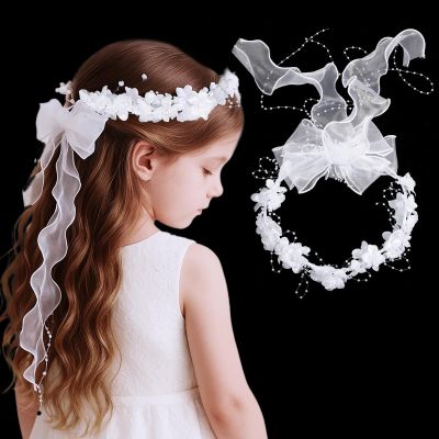 GEEHUA First Communion Headbands for Girls, White Flower Headband Veil Headpiece Floral Bridal Crown Bow Wedding Veils with Pearls Hair Wreath Accessories for Women Girls