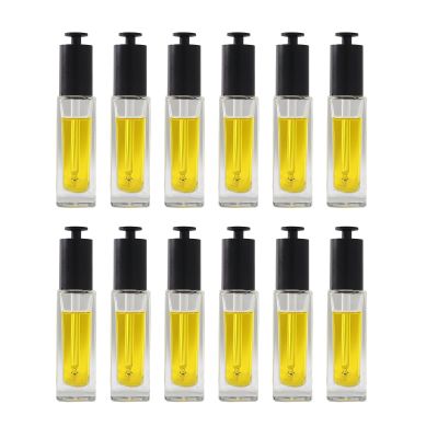 20/30ML Transparent Square Glass Dropper Bottles with Frosty Black T-shaped cap with Glass Pipette with threaded 20/420 for Essential Oils, Leak Proof Travel Bottles, Set of 12 (30ml)