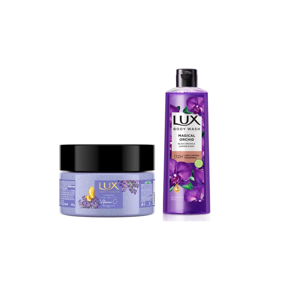 Le.X LAVENDER & VITAMIN C BODY SCRUB. (300gm) / Le.x Body Wash for Fragrant Skin/Black Orchid Scent & Juniper Oil. (245 ml)/ Combo saver pack