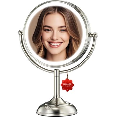 2025 VESAUR 9" Large 5000mAh Rechargeable Lighted Makeup Mirror Nickel, 1X/10X/20X HD Magnifying Mirror with Compact Suction Mirror, 3 Color Dimmable light, 360Swivel Seamless Vanity Mirror, Gift Box