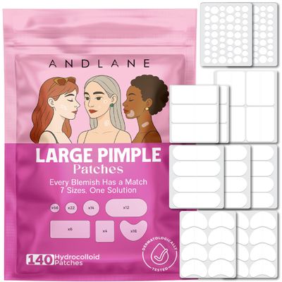 140 pcs Large Pimple Patches for Face  7 Sizes XL Acne Patches for Full Face, Big Hydrocolloid Bandages for Body, Chin, Forehead, Chest & Back Hydrocolloid Patch (Round, Crescent, Oval & Rectangular)