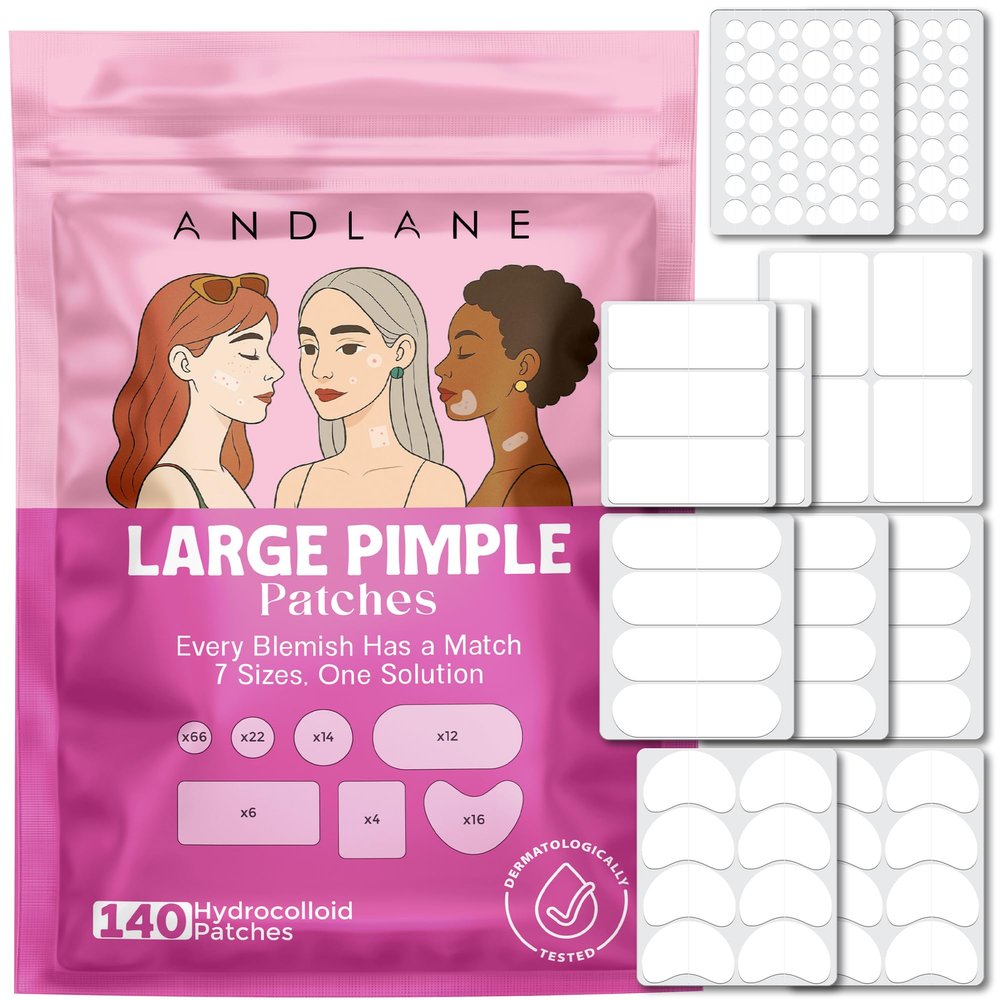 140 pcs Large Pimple Patches for Face  7 Sizes XL Acne Patches for Full Face, Big Hydrocolloid Bandages for Body, Chin, Forehead, Chest & Back Hydrocolloid Patch (Round, Crescent, Oval & Rectangular)