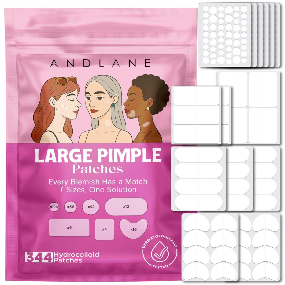 344 Pcs Large Pimple Patches for Face  7 Sizes XL Acne Patches for Full Face, Big Hydrocolloid Bandages for Body, Chin, Forehead, Chest & Back Hydrocolloid Patch (Round, Crescent, Oval & Rectangular)