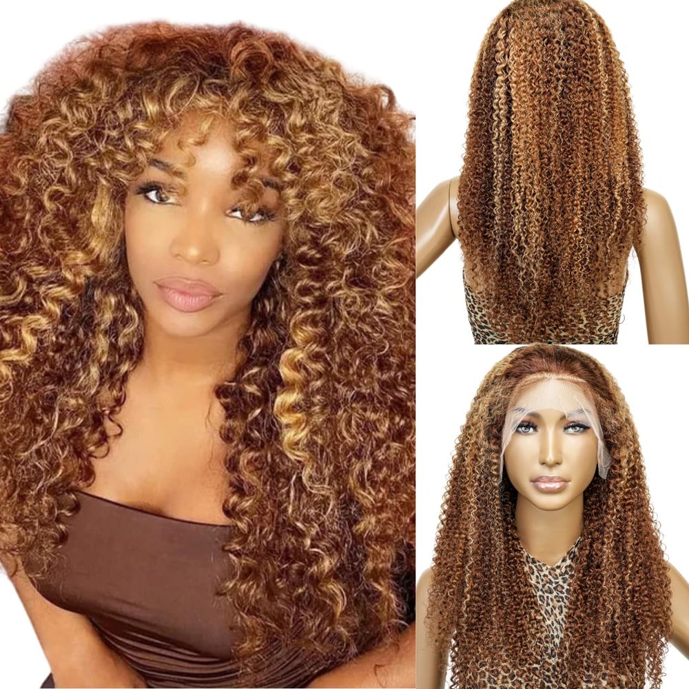 13x4 Lace front Wigs Kinky Curly Human Hair Wig Pre Plucked Pre Bleached human hair wig Knot HD Lace Front, Brazilian Virgin Human Hair Wigs for Black Women CATCH honey blonde wig P4/27/30 28 inch wig
