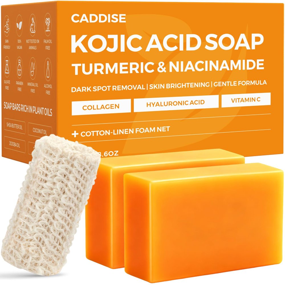 CADDISE Kojic Acid Turmeric Soap Bars  Dark Spot Remover & Skin Care, Handmade Face & Body Wash Bars with Niacinamide, Shea Butter, Tea Oil, Vitamin C (2 Pack, 8.5 Oz)