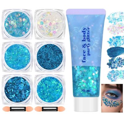 Freeorr Blue Face and Body Hair Glitter Gel, Party Concerts Cheer Face Paint Holographic Chunky Festival Rave Accessories Glitter Makeup, 6 Kinds of Sparkling Sequins for Hair Nail Eye Lip Body