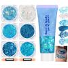 Freeorr Blue Face and Body Hair Glitter Gel, Party Concerts Cheer Face Paint Holographic Chunky Festival Rave Accessories Glitter Makeup, 6 Kinds of Sparkling Sequins for Hair Nail Eye Lip Body view 1