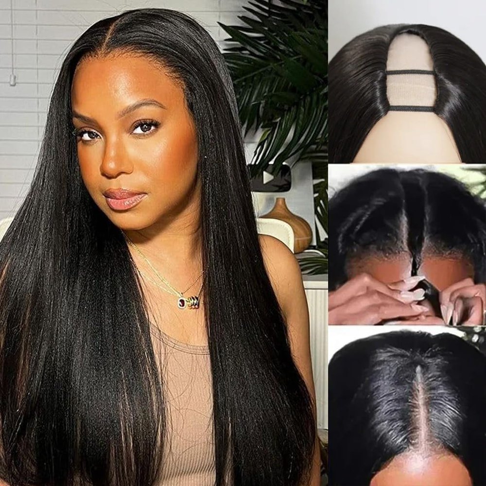 Emistar Kinky Straight U Part Wig Natural Hailine & Soft Hair Like Real Human Hair V Part Half Wigs for Black Women (New Black, 24 Inch)