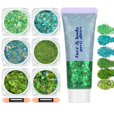 Freeorr Green Face and Body Hair Glitter Gel, St Patricks Day Shamrock Face Paint Holographic Chunky Festival Rave Accessories Glitter Makeup, 6 Kinds of Sparkling Sequins for Hair Nail Eye Lip Body