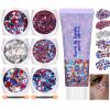 Freeorr Red White Blue Face Body Hair Glitter Gel, USA Flag Pride 4th of July Patriotic Accessories Face Paint Glitter Makeup, 6 Kinds of Sparkling Sequins for Independence Day Patriotic Veterans Day view 1
