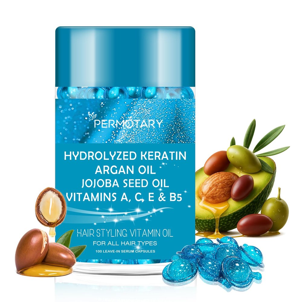 Adofect Hair Oil 100 Capsules, Hair Serum for Frizzy, Damaged, Dry - Hair Treatment Oils with Argan Macadamia & Avocado Oils - Vitamins A, E, & Pro B5 - Hair Vitamins for Women & Men