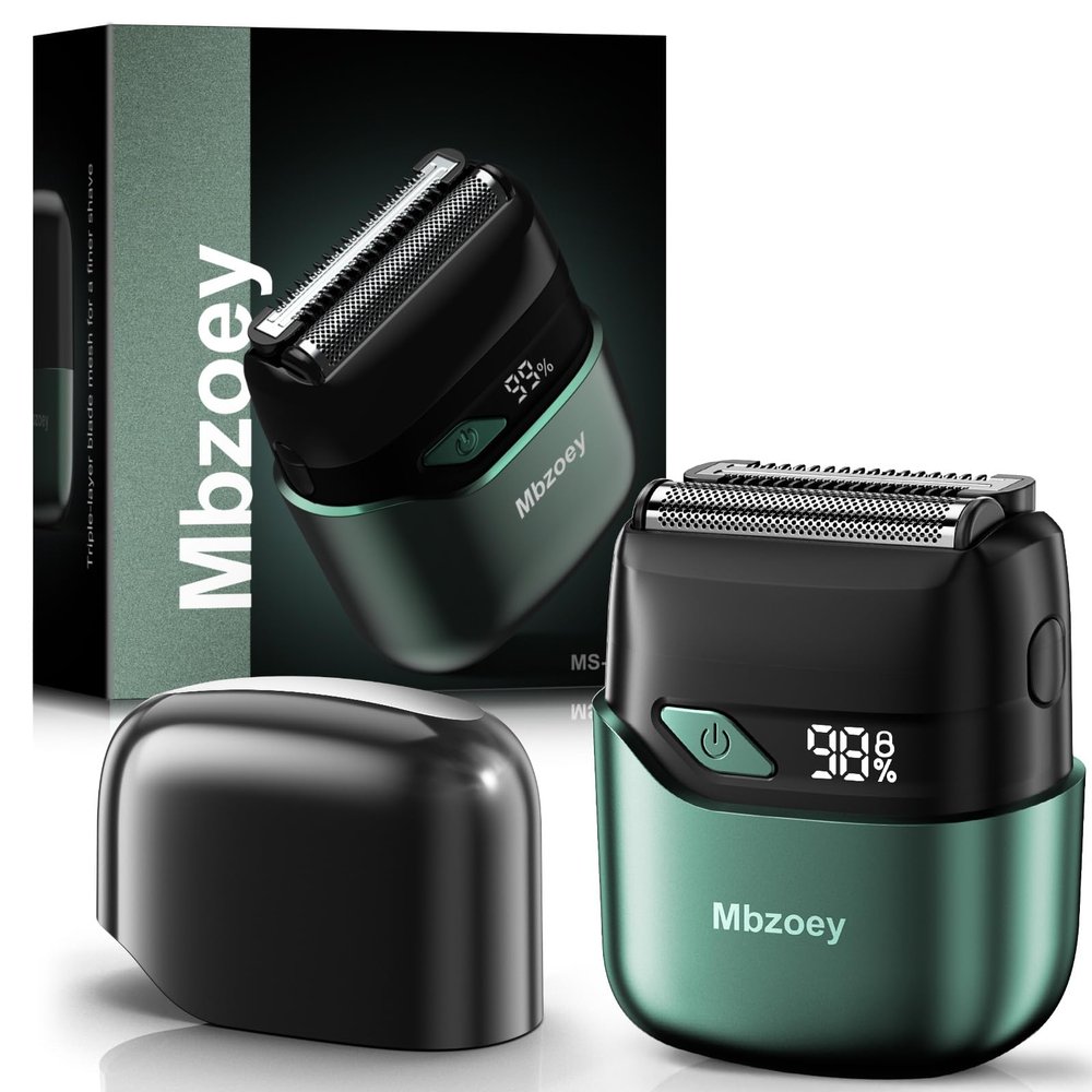 Electric Foil Shavers for Men, Mini Electric Razor, Compact Face Shaver, IPX7 Waterproof Wet Dry Cordless Razor, LED Display, USB-C Fast Rechargeable, Emerald Green