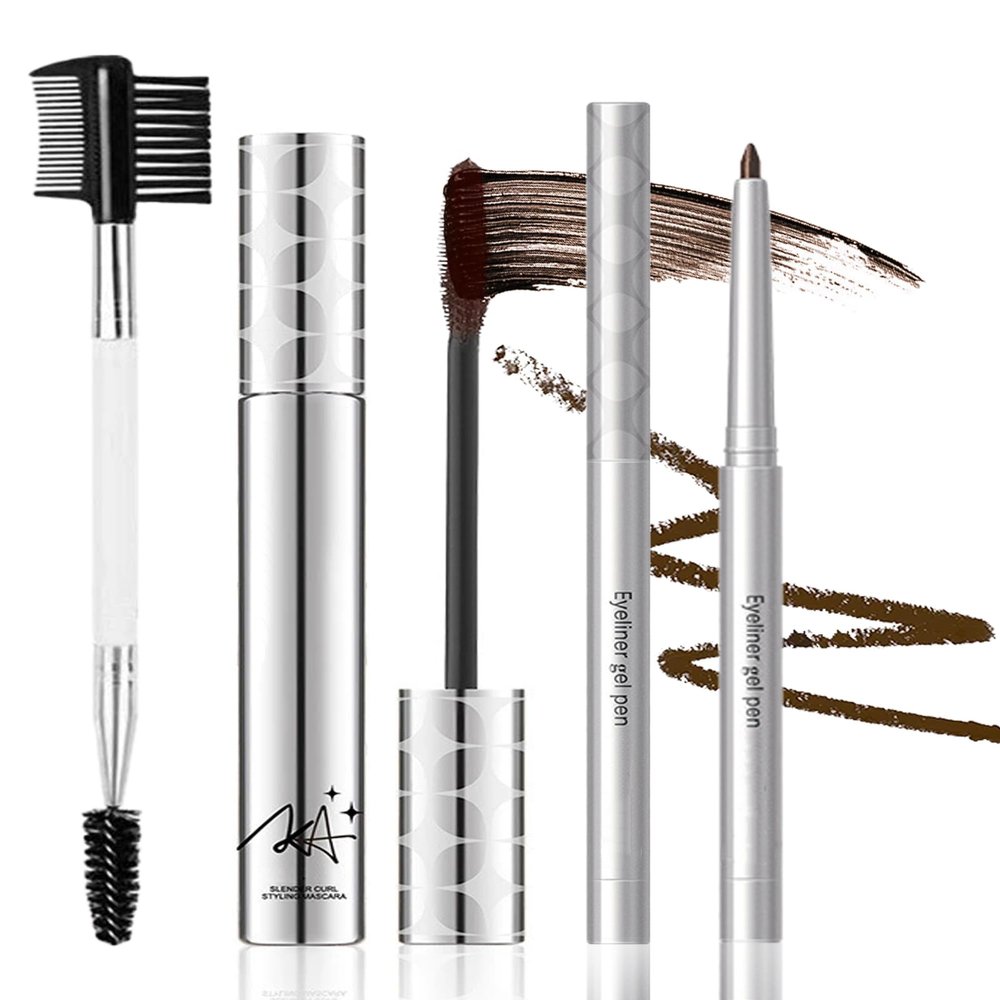 Brown Mascara and Waterproof Eyeliner Pencil Set for Older Women 60 Plus,Length and Volume Mascara for Mature Women,Retractable Eye Liner Matte Cream Waterline Eyeliner Makeup for Sensitive Eye-Set B