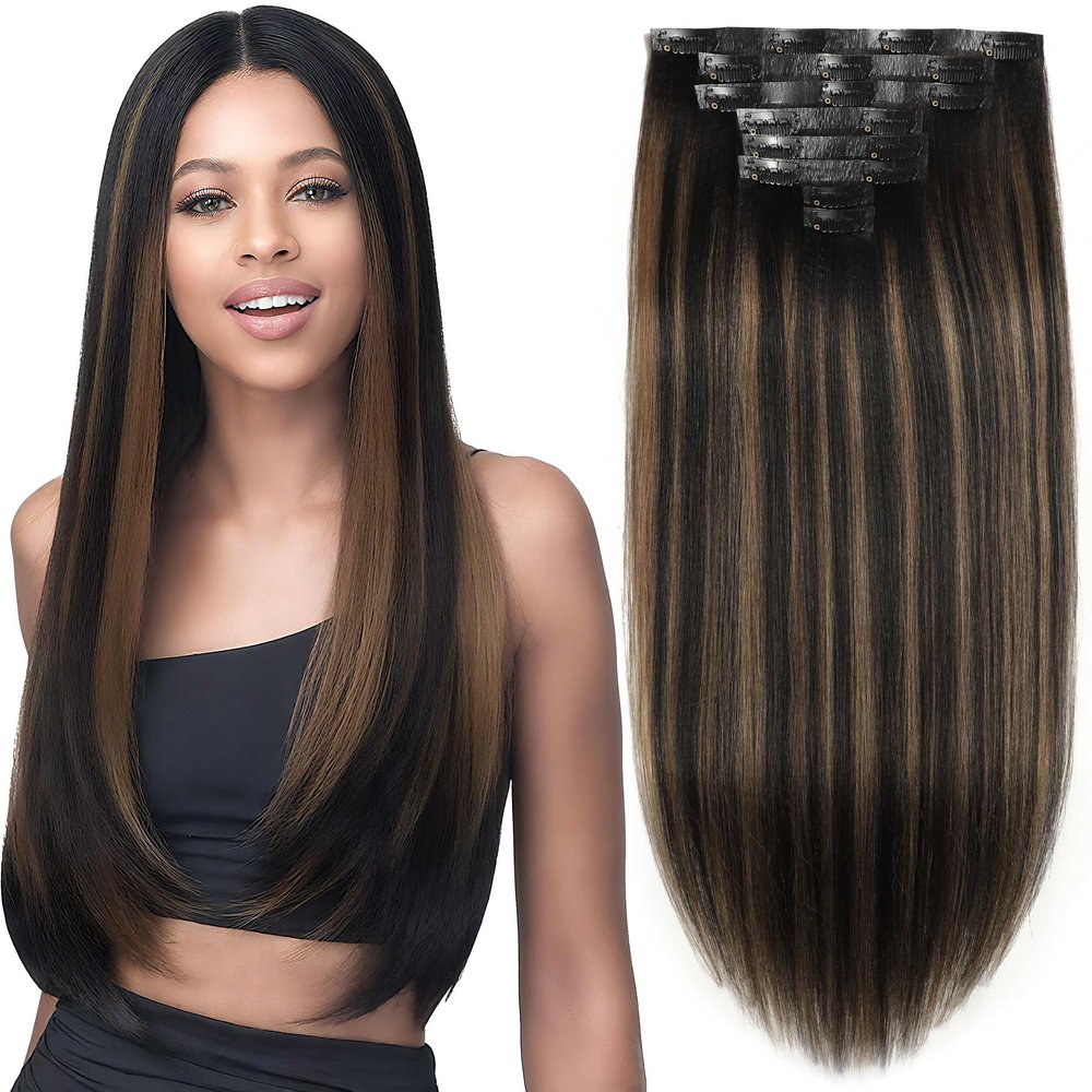 Caliee Seamless Yaki Straight Clip ins 14 Inch Balayage Natural Black Mixed Chestnut Brown Light Yaki Clip ins for Black Women 115G 8 Pcs Invisible PU Weft
