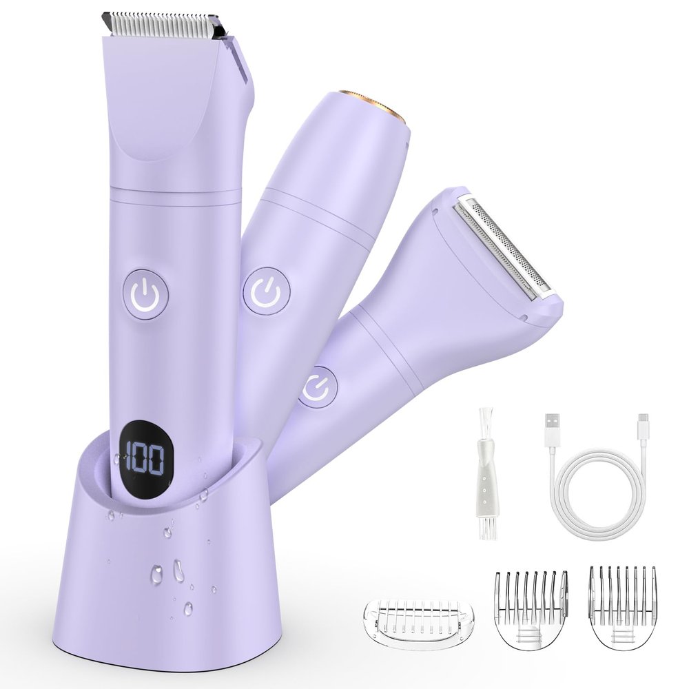 Lanumi 3 in 1 Bikini Trimmer for Women Rechargeable Electric Razors Wet/Dry Pubic Body Hair Trimmer Facial Hair Remover IPX6 Waterproof LCD Display