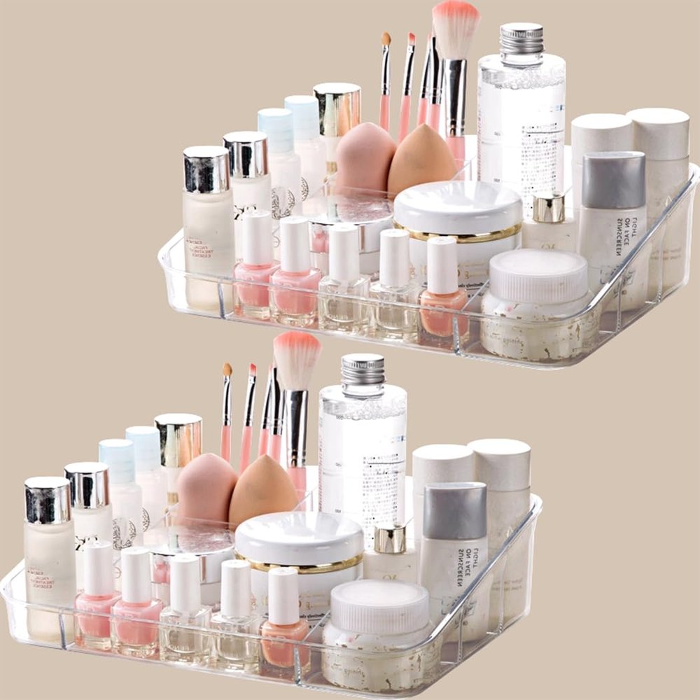 2-Pack Clear Acrylic Cosmetic Storage Trays, Makeup Organizers with Multi-Compartment Design for Vanity Or Desk