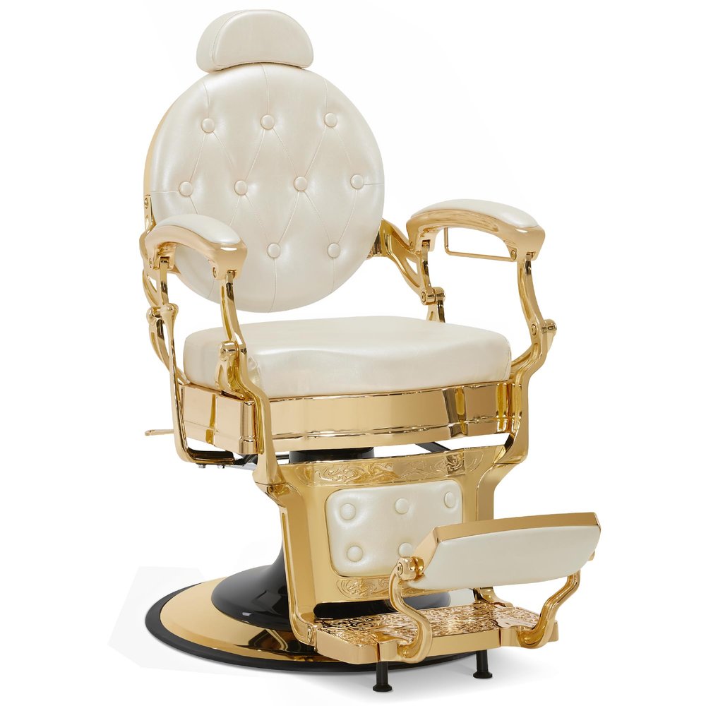 BarberPub Heavy Duty Barber Chair for Men with Headrest, All Purpose Metal Antique Hydraulic Reclining Salon Chairs, Beauty Hair Spa Stylist Equipment 2933 (White with Gold Frame)