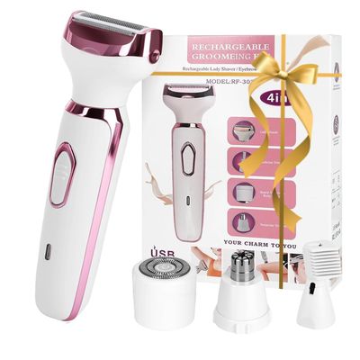 Electric Razor for Women, 4-in-1 Bikini Trimmer with Body, Facial, Eyebrow & Nose Heads, Waterproof Painless Pubic Hair Shaver, Cordless for Armpits Legs, USB-C Charging