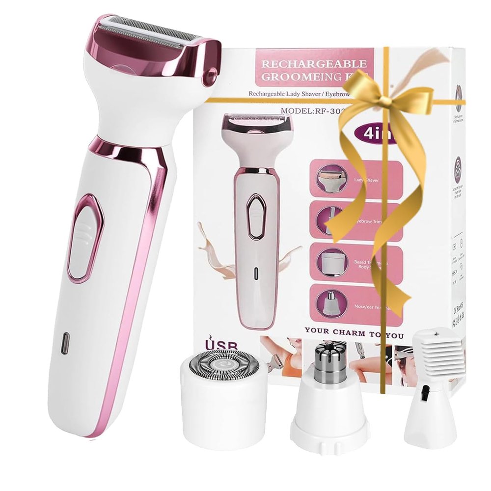 Electric Razor for Women, 4-in-1 Bikini Trimmer with Body, Facial, Eyebrow & Nose Heads, Waterproof Painless Pubic Hair Shaver, Cordless for Armpits Legs, USB-C Charging