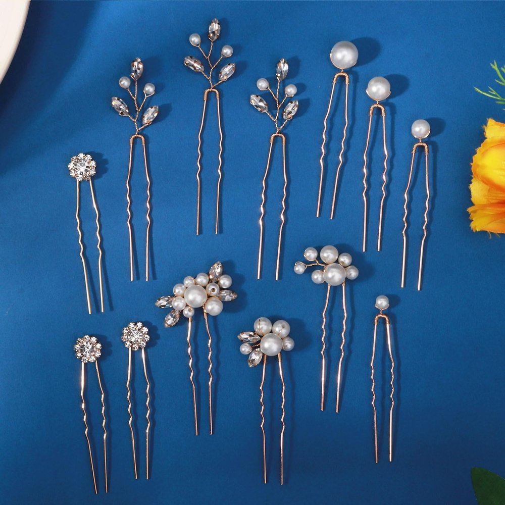 13 Pieces Pearl Crystal Bridal Hair Pins Rhinestone Flower Wedding Gold Hair Pieces Prom Accessory for Women Wedding Hairstyles