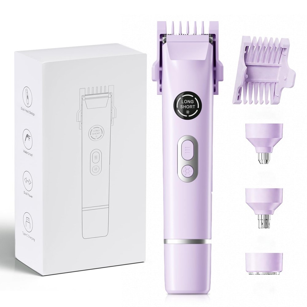 Bikini Trimmer for Women, 4 in 1 Wet/Dry Electric Razors for Women - Dual Head, Painless Rechargeable Portable Womens Razors for Shaving Set for Face, Nose, Eyebrows, Armpits, Bikini Area (Purple)