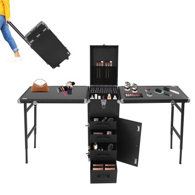 Wawuwao Portable Double-Sided Nail Table & Makeup Case - Professional Mobile Beauty Station with Adjustable Handle, 4 Locking Wheels, 220lb Capacity, Foldable Desktop for 4 People (Black)