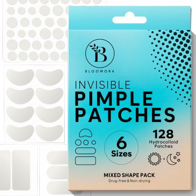 BLOOMORA Large Pimple Patches for Face, Hydrocolloid Acne Patches, Variety Shapes Zit Stickers, Acne Spot Treatment, Blemish Spot Treatment, Round, Moon, Rectangle, Oval (6 Sizes, 128 Count)